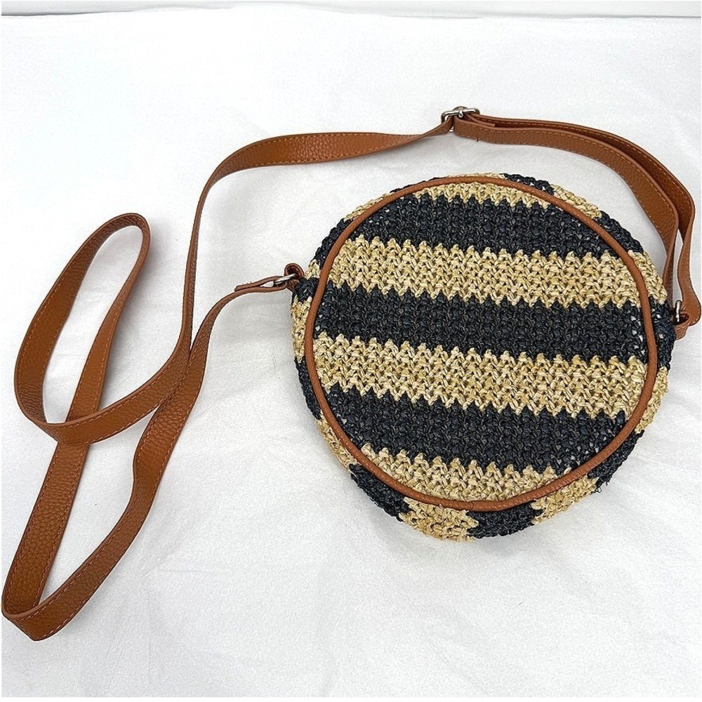 Jewell by Thirty-One Crossbody Bag Woven Stripe Summer Beach Round Raffia Straw